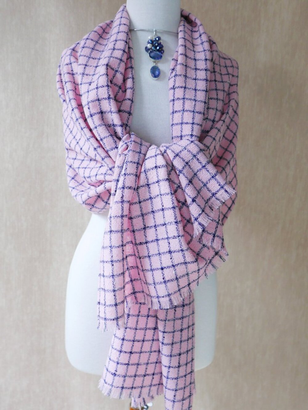 Pink/Navy Check Wool Wrap, Large Scarf/Shawl